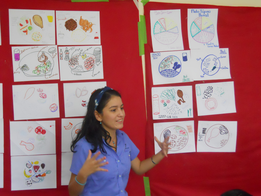 A Zamorano student explains the difference between her diet (as a student) and that of a rural community during the "What Goes on the Plate?" activity.